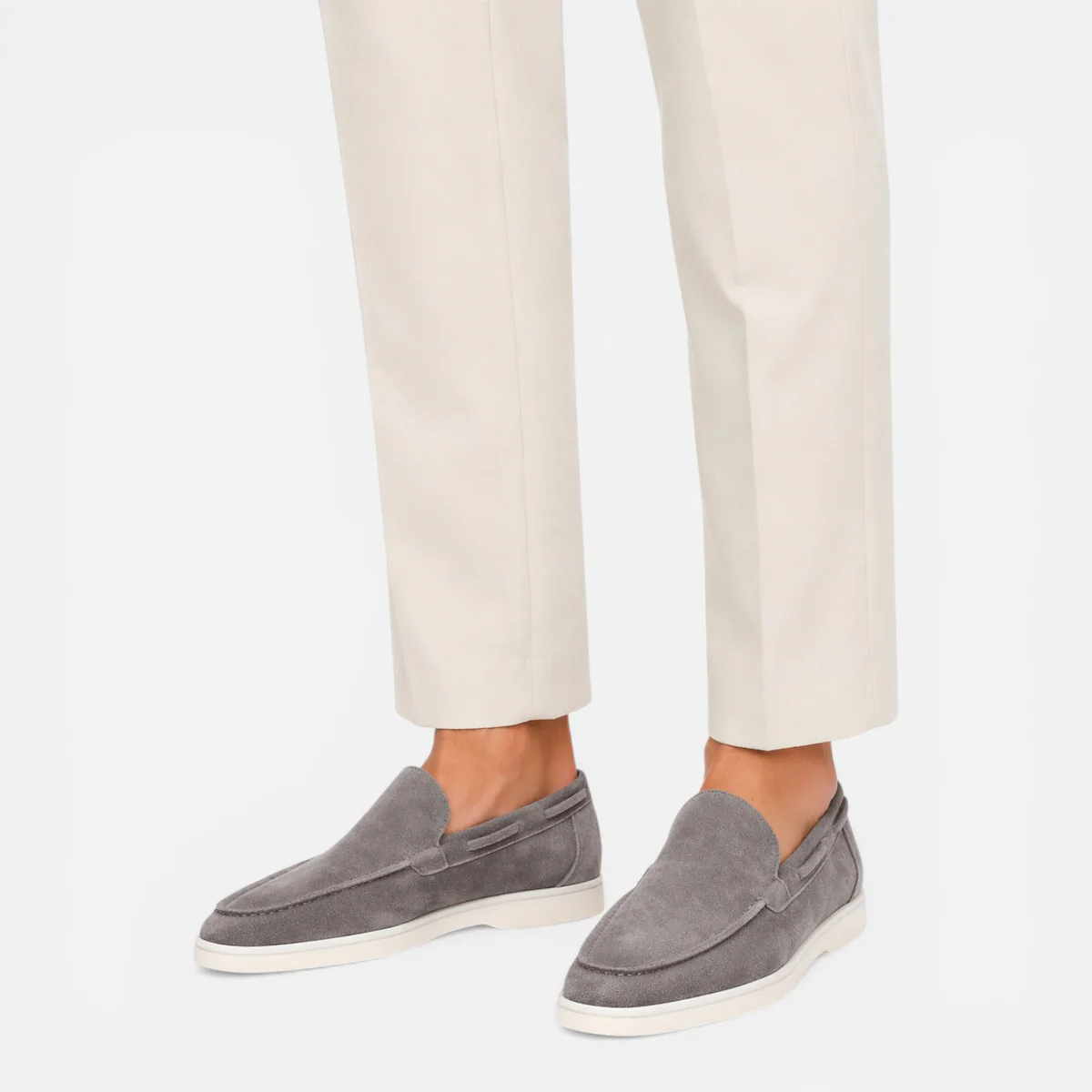 Men's gray suede casual loafers with moc toe and off-white rubber sole