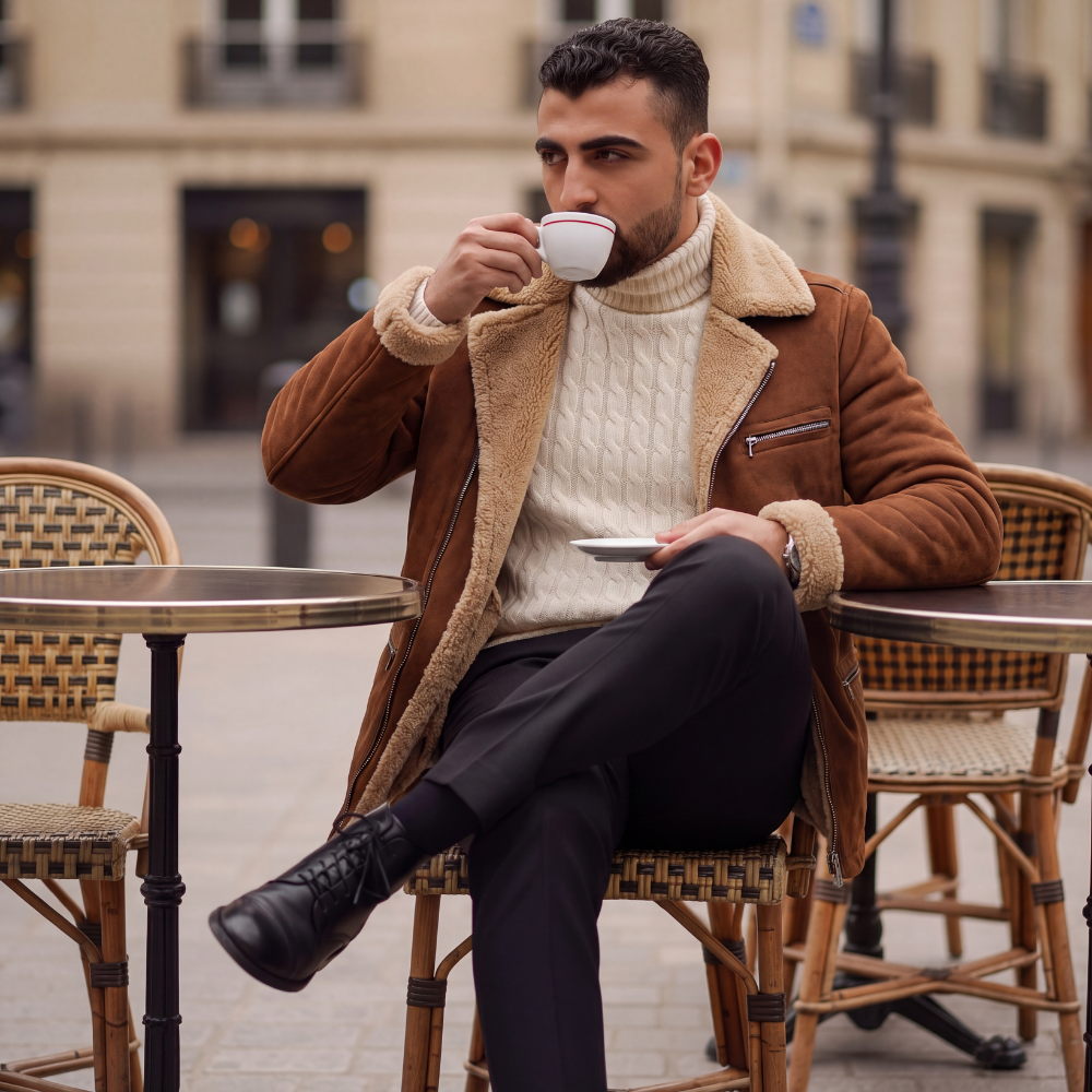 Men's brown suede sherpa-lined zip jacket with tan fleece collar and zipped chest pocket