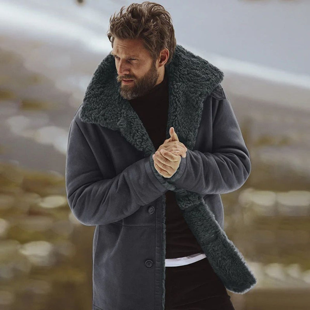 Men's sherpa-lined wool overcoat, charcoal gray with dark sherpa lining and button placket