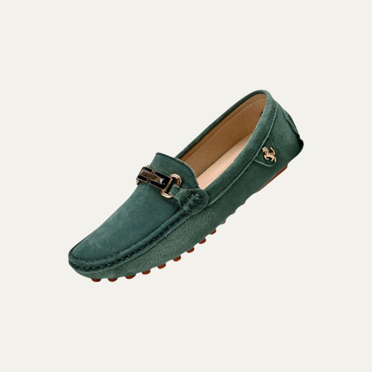 Green suede smart loafers with gold-tone buckle and horse logo detail