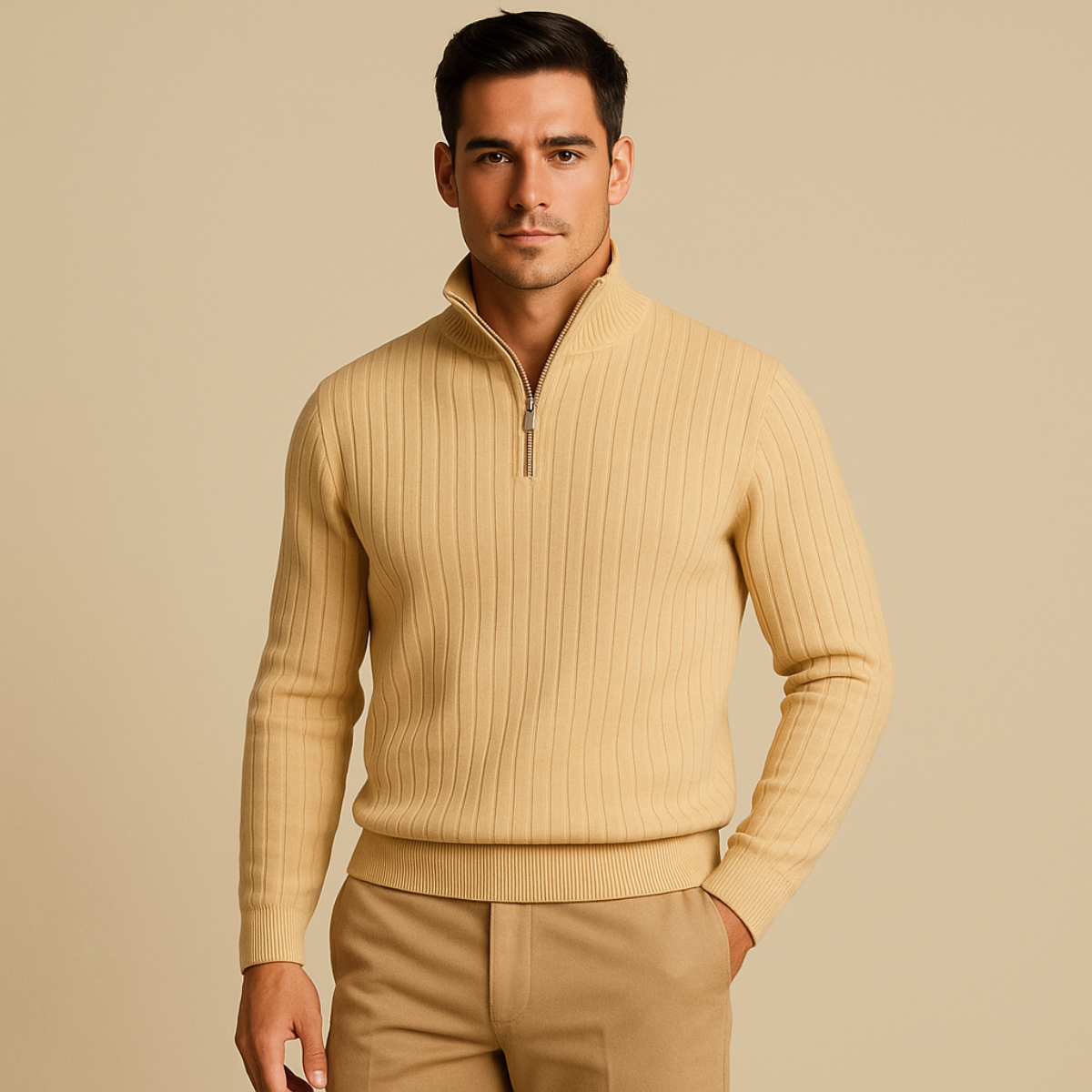 Men's ribbed half-zip sweater in light khaki, long sleeves with stand collar zipper.