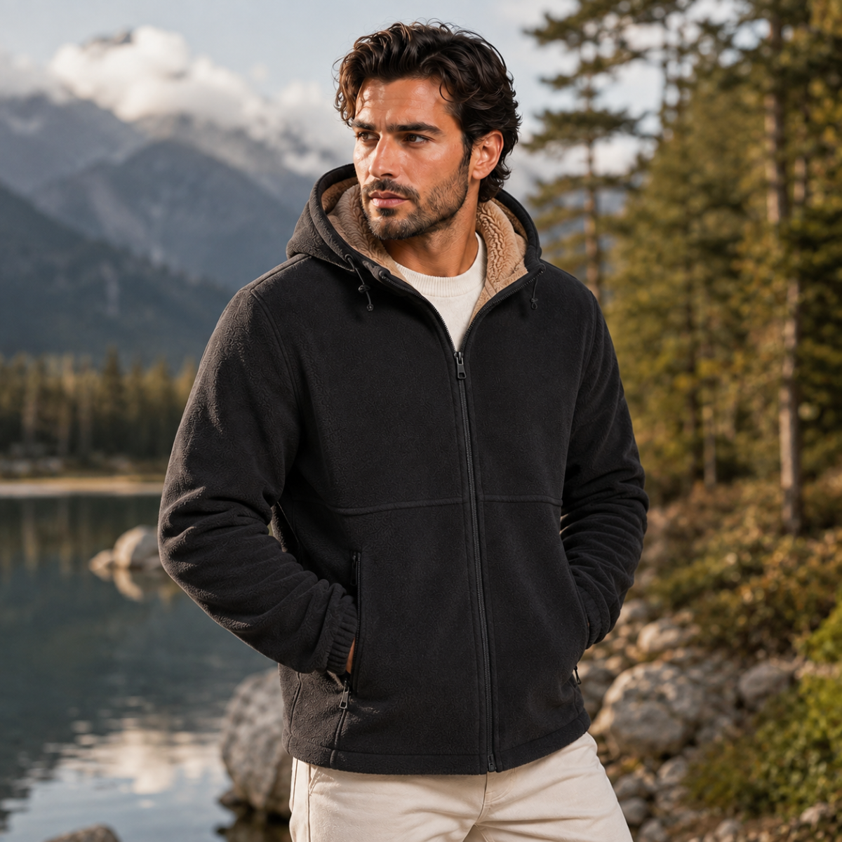 Men’s black zip-up hooded soft shell fleece jacket with sherpa lining