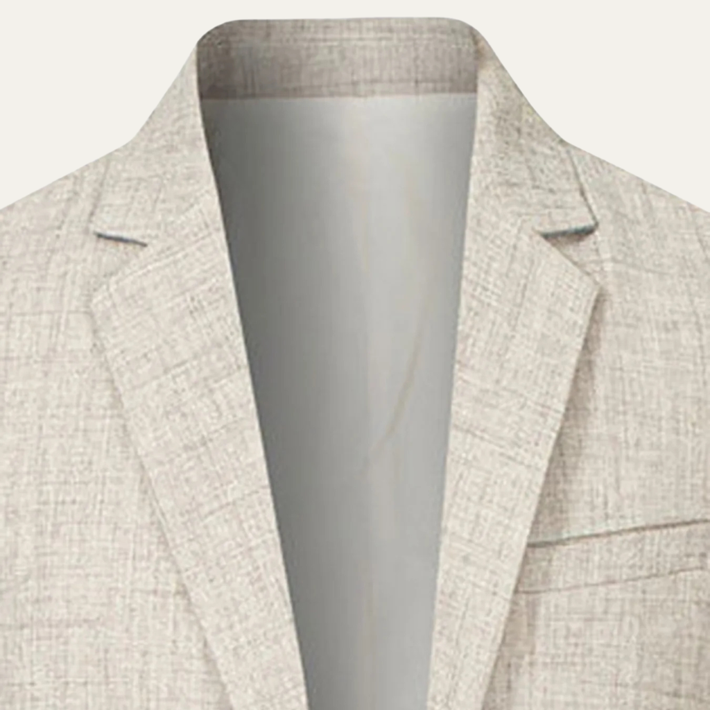 Men's beige blazer back view with interior lining and open collar
