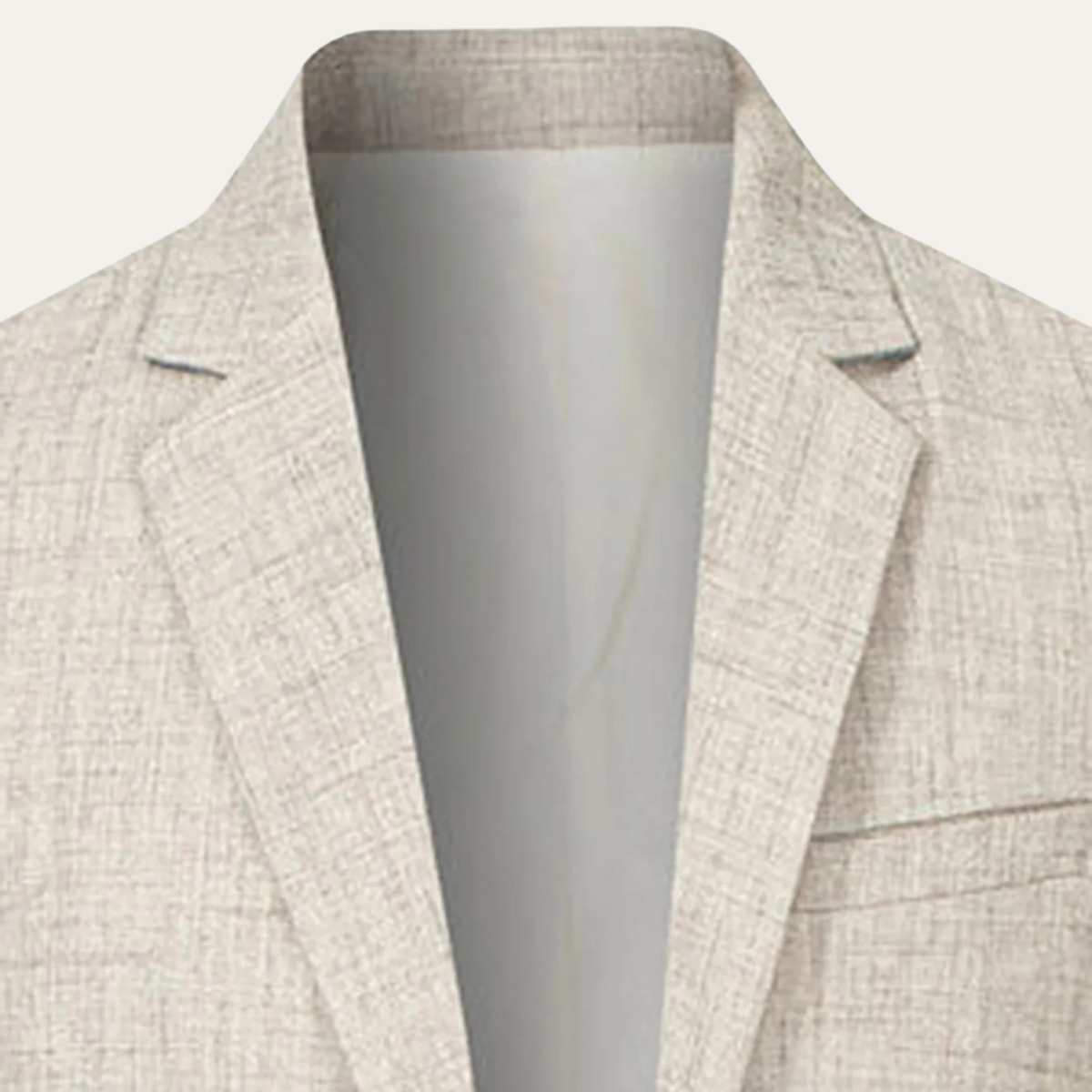 Men's beige blazer back view with interior lining and open collar