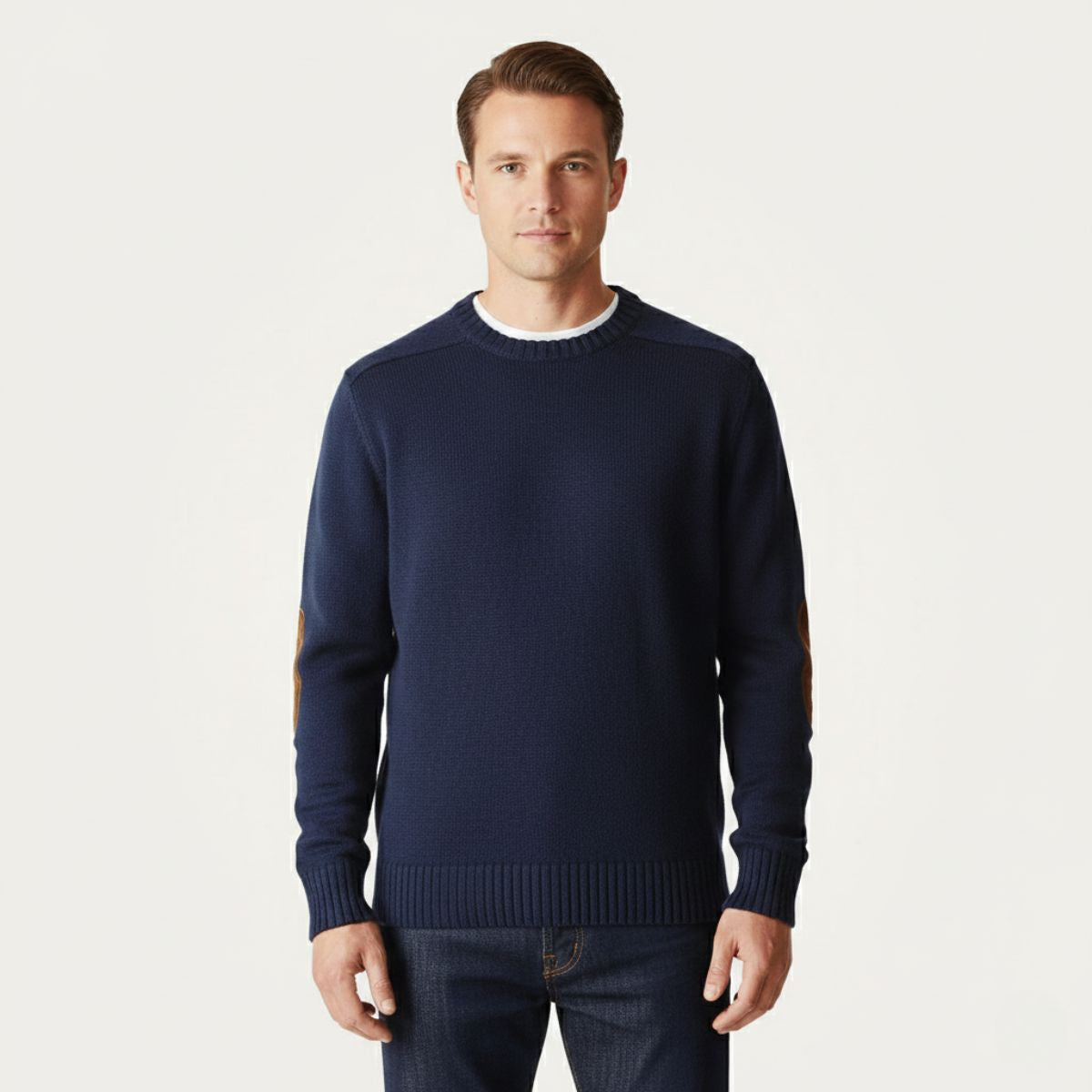 Men’s oversized knit sweater in navy with ribbed crew neck and cuffs