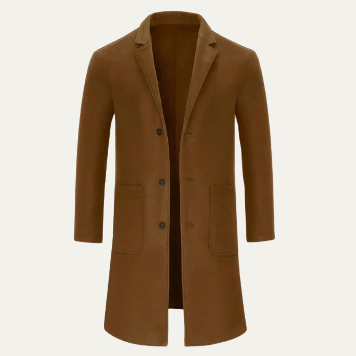 Men’s brown slim-fit overcoat with notched lapels, button front, and two chest pockets