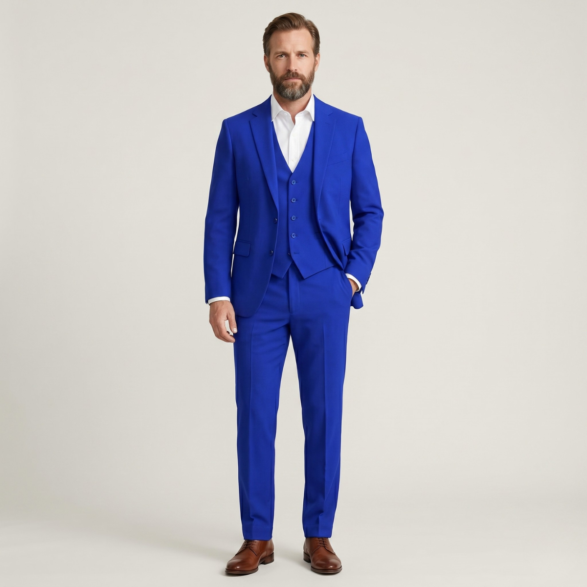 Men's slim-fit 3-piece suit in royal blue with vest and trousers, worn with a white shirt
