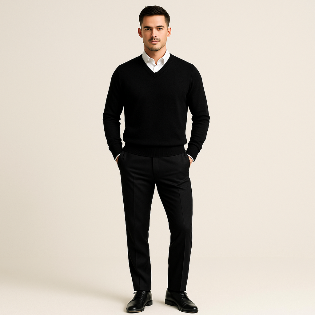 Men's cashmere V-neck sweater, black long-sleeve knit with ribbed neckline.