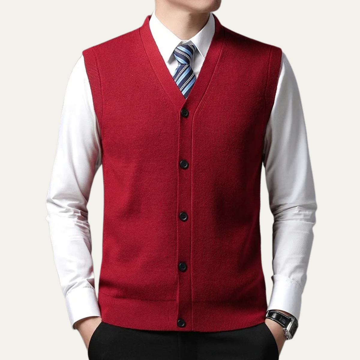 Men's burgundy V-neck sweater vest with button front and ribbed hem