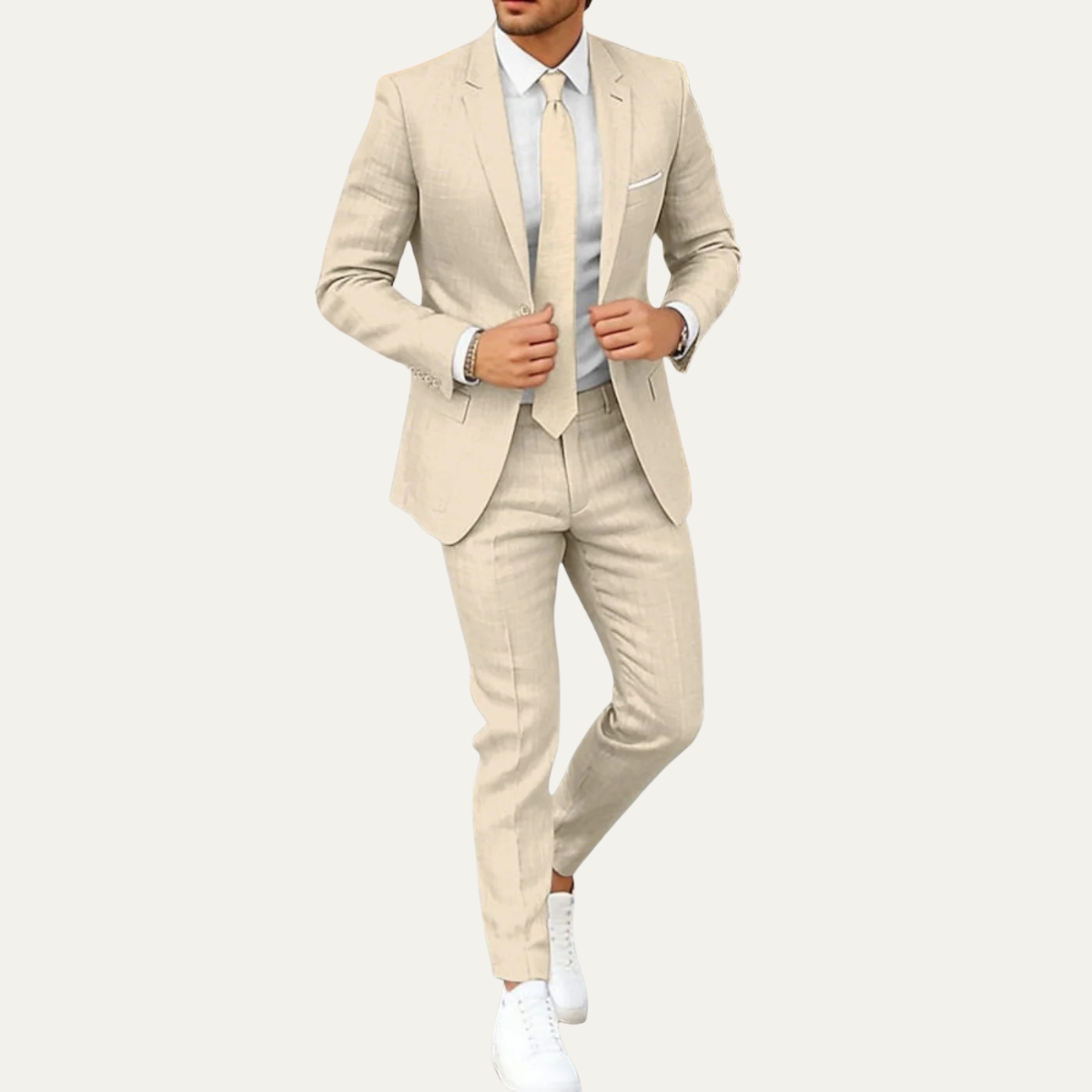 Men's lightweight beige suit set with blazer and matching dress pants