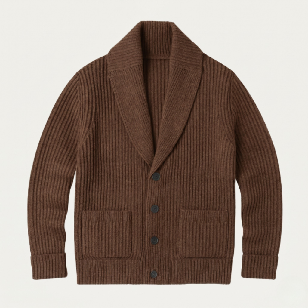 Men's chunky knit shawl-collar cardigan, brown with button front and patch pockets