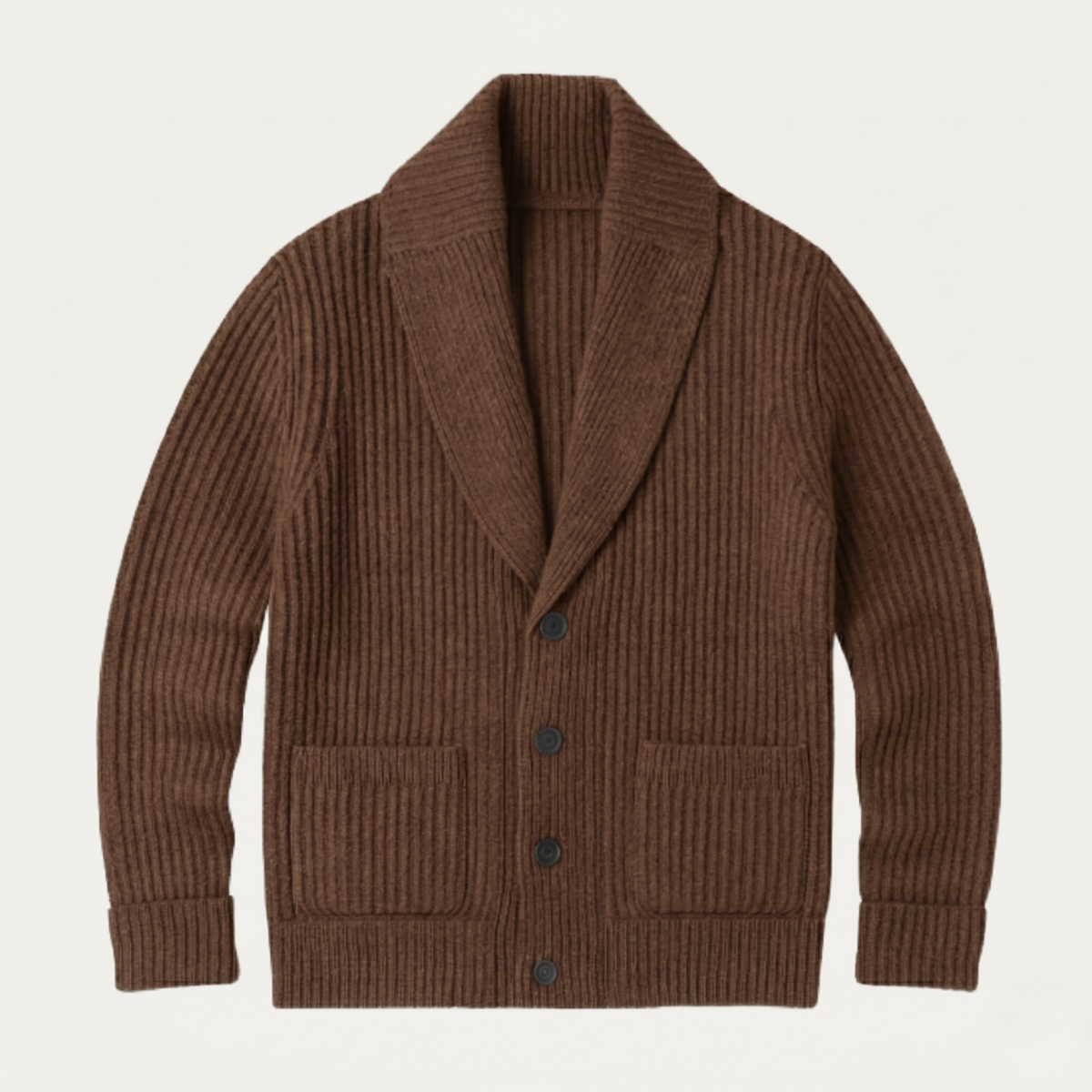 Men's chunky knit shawl-collar cardigan, brown with button front and patch pockets