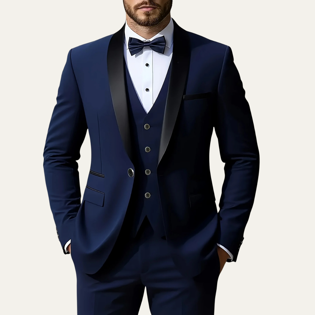 Men's navy blue 3-piece suit set with tuxedo-style blazer, vest, and matching trousers