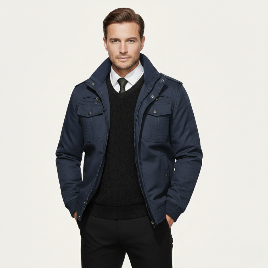 Navy blue men’s thermal zip-up fleece-lined jacket with stand collar and front pockets