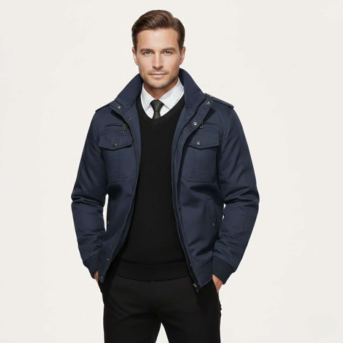 Navy blue men’s thermal zip-up fleece-lined jacket with stand collar and front pockets