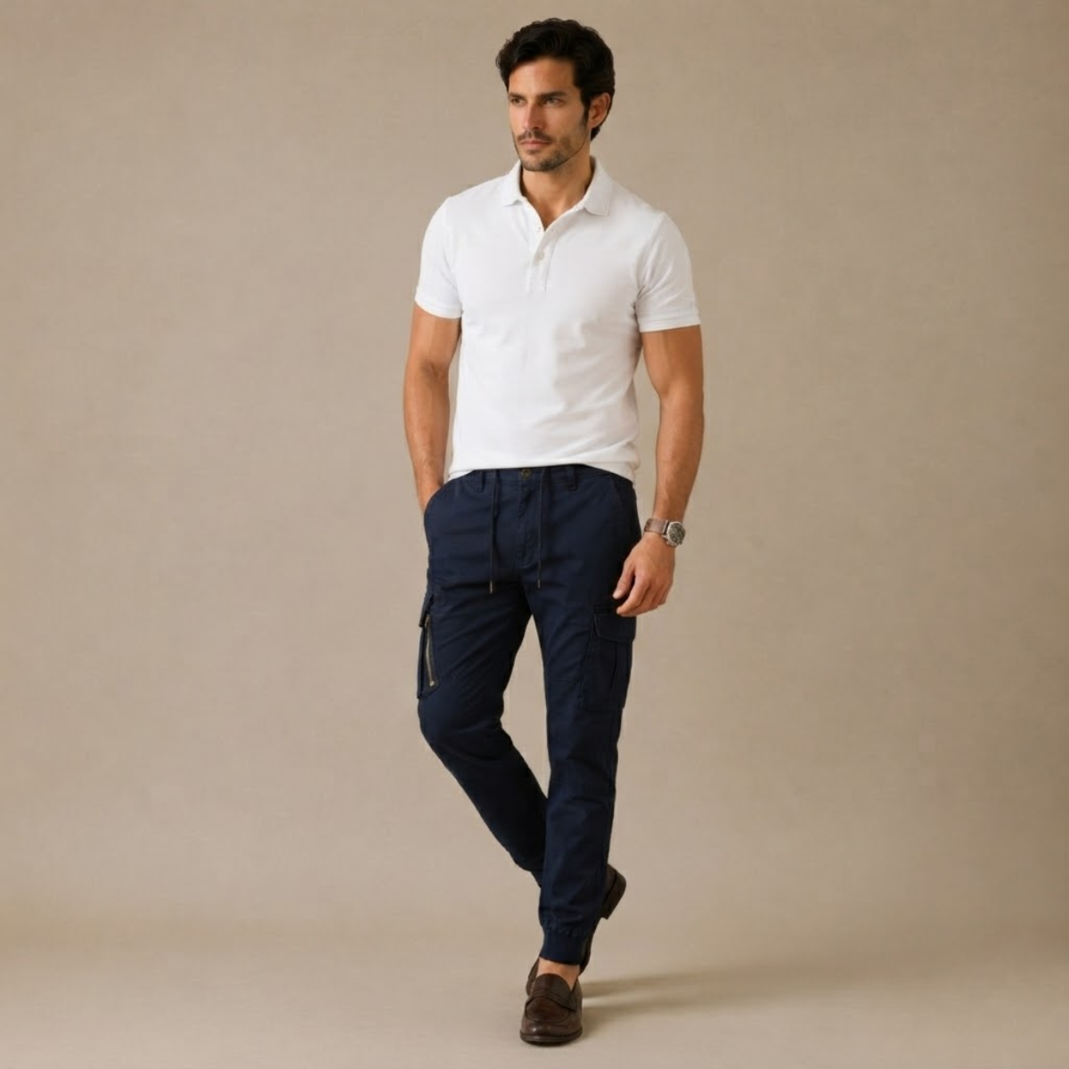 Navy blue slim cargo jogger pants on model, cargo pockets at legs