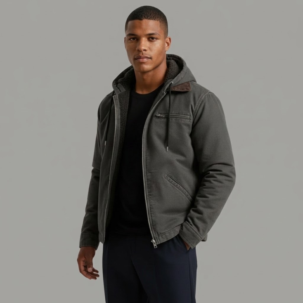 Men's hooded fleece-lined jacket in dark gray with zip front and chest pocket.