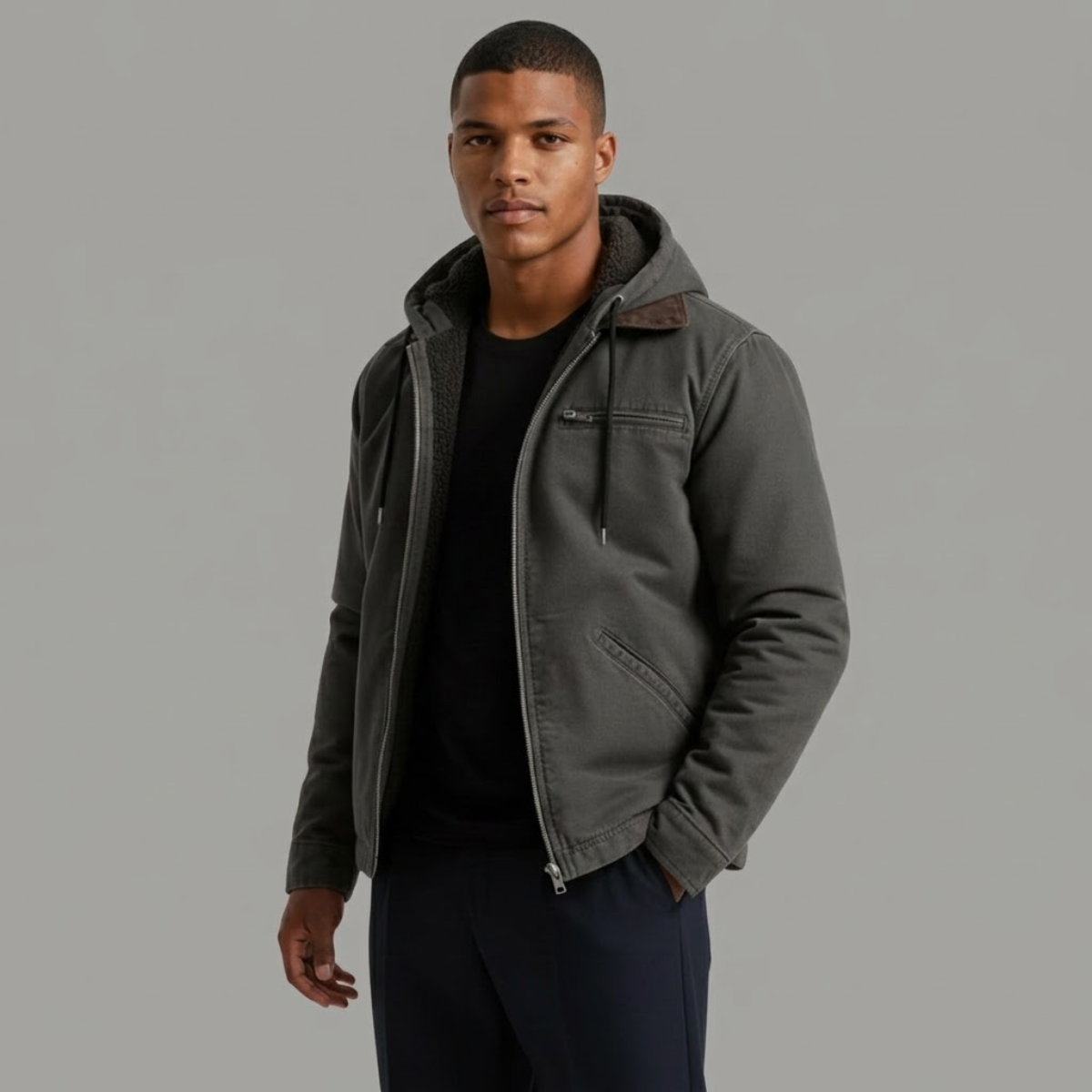 Men's hooded fleece-lined jacket in dark gray with zip front and chest pocket.