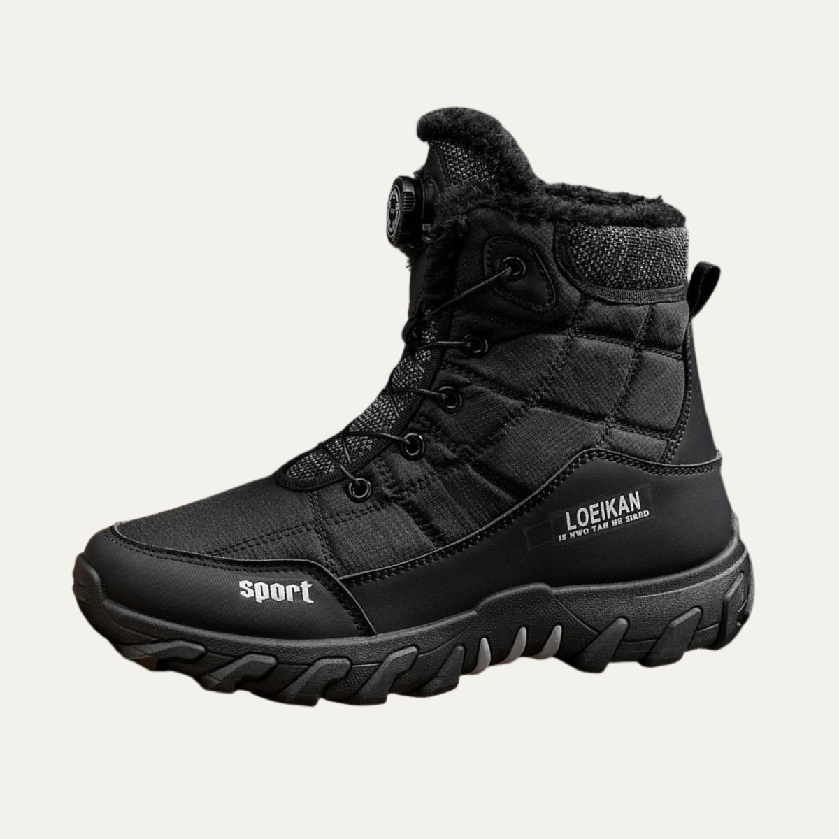 Men's black high-top snow boots with faux-fur lining and side label