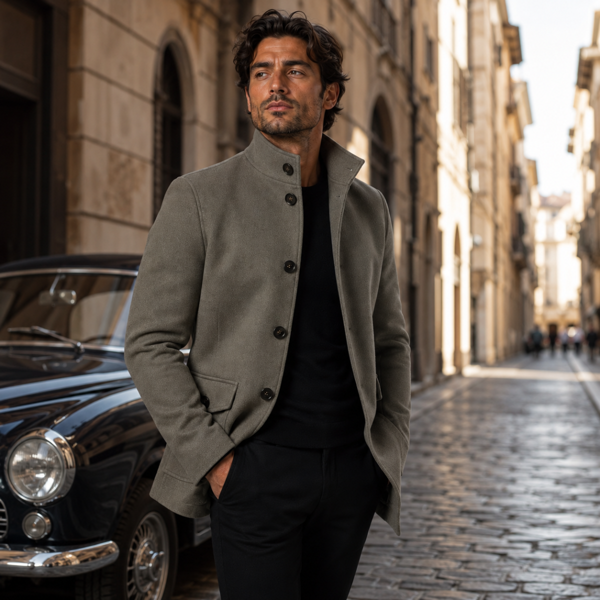 Men's wool overcoat in medium gray, button front with notch lapels and flap pockets