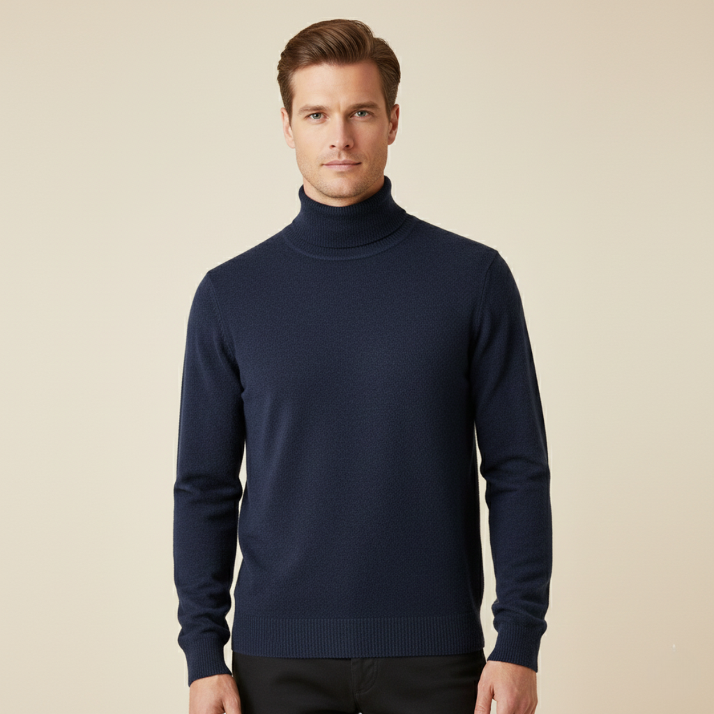 Men's navy blue turtleneck sweater on model, ribbed hem and cuffs, long sleeves