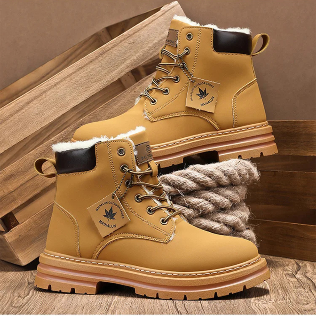 Men’s tan fur-lined snow boots with cuff padding and lace-up front, pull loop tab