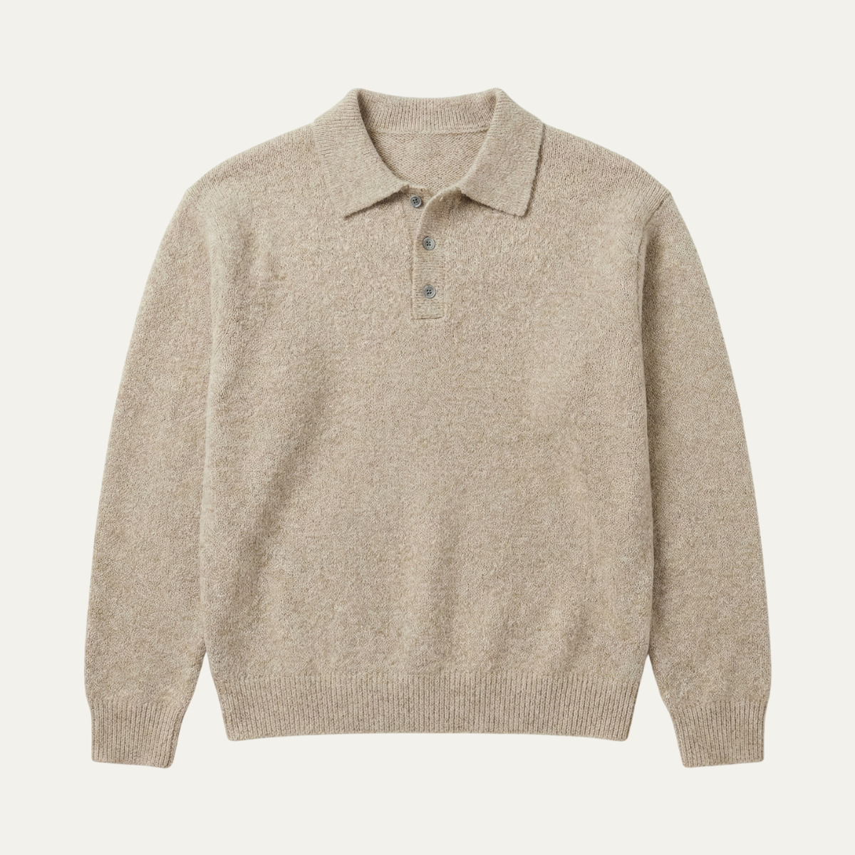 Men's soft knit polo sweater in khaki-beige with button placket and ribbed cuffs
