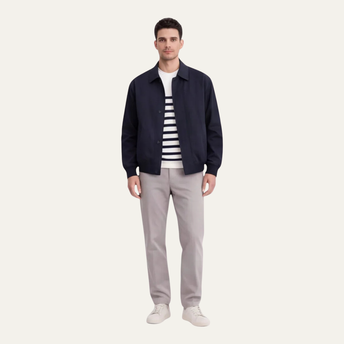 Men's navy lightweight jacket, button-front and side pockets with ribbed cuffs