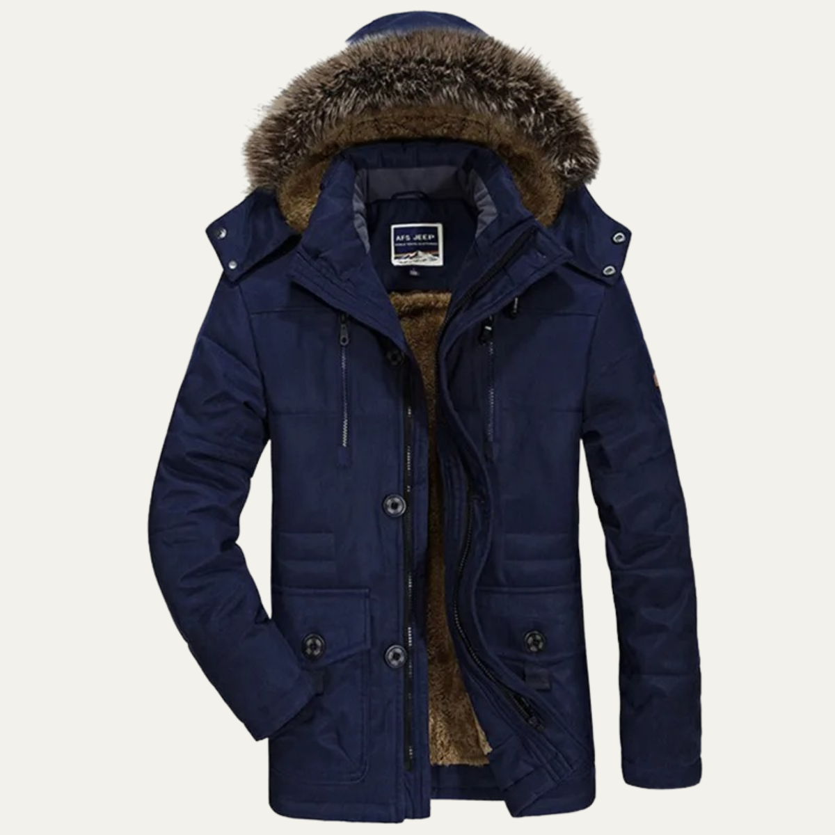 Men's navy puffer jacket with fur hood trim, zip front and utility pockets