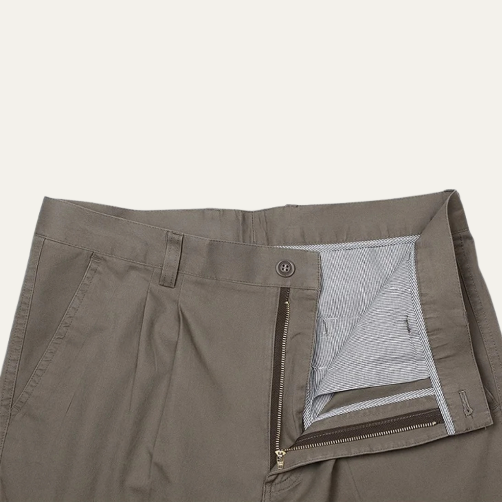 Men's double-pleated high-waist straight-leg pants in gray, concealed side zip and button