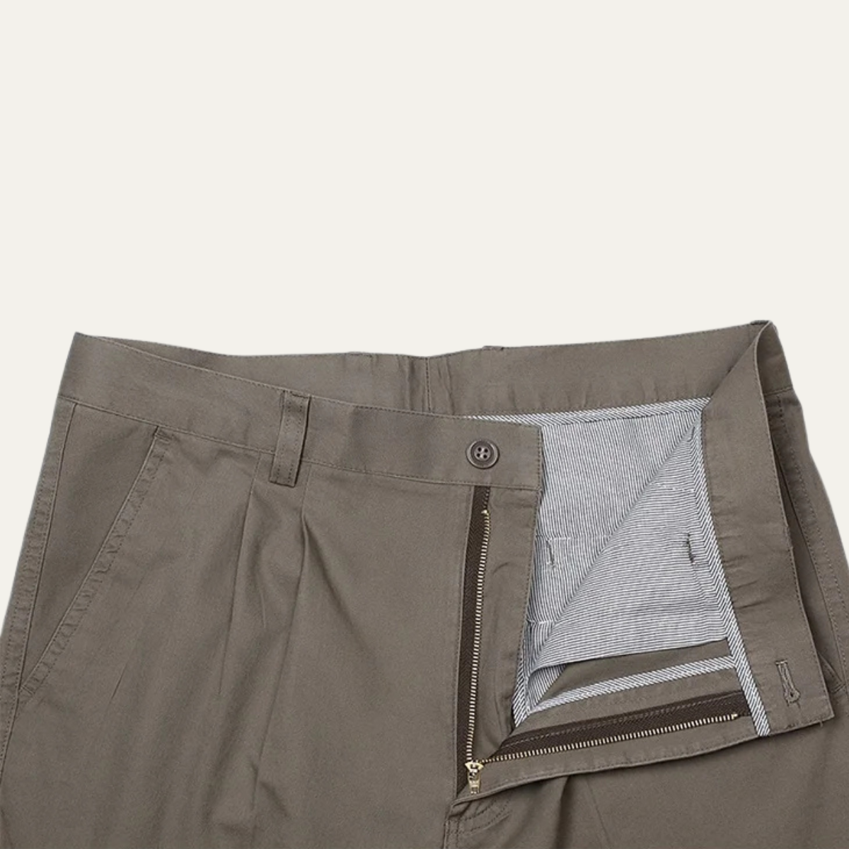 Men's double-pleated high-waist straight-leg pants in gray, concealed side zip and button