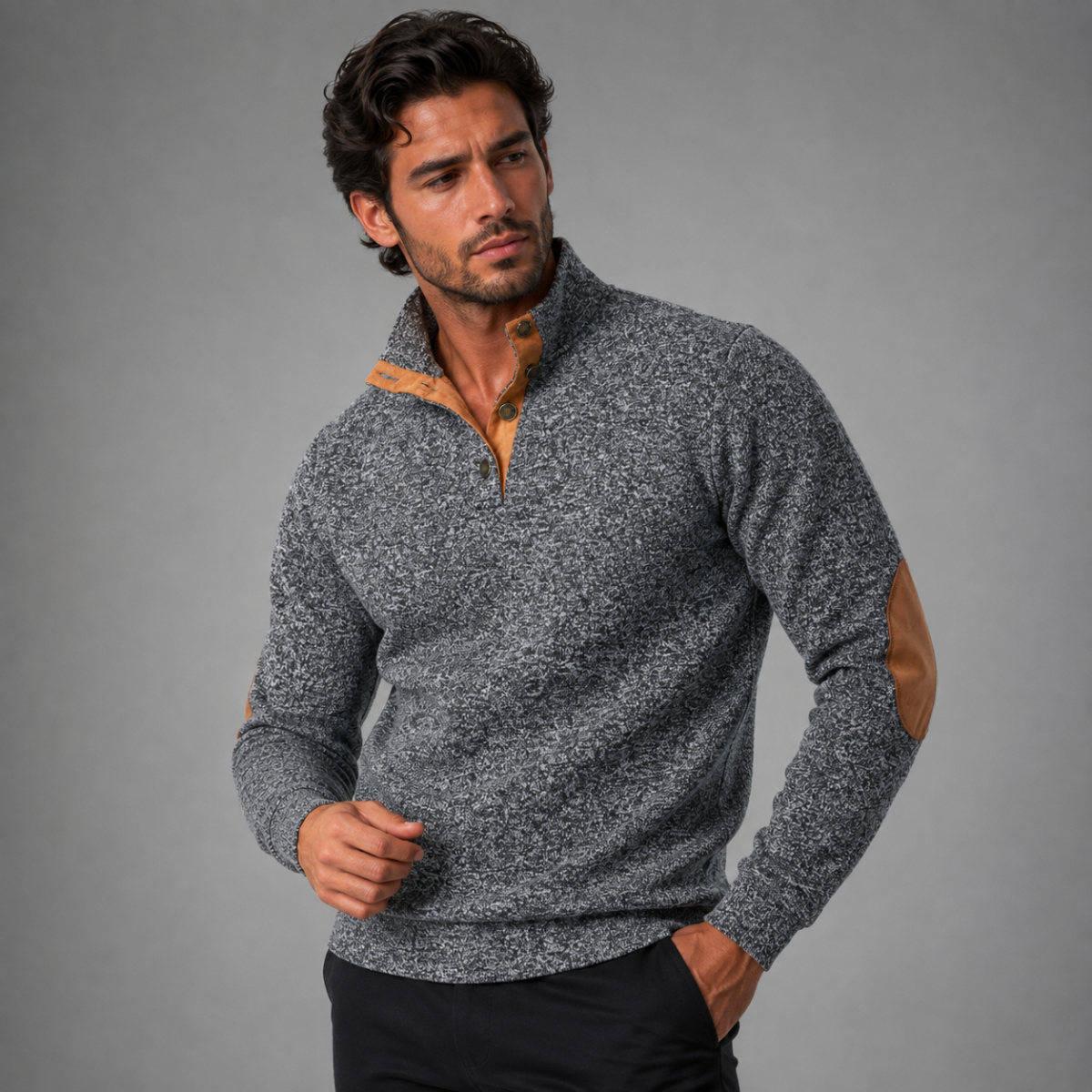Men's heather gray fleece stand-collar sweater with tan suede elbow patches and snap-front placket