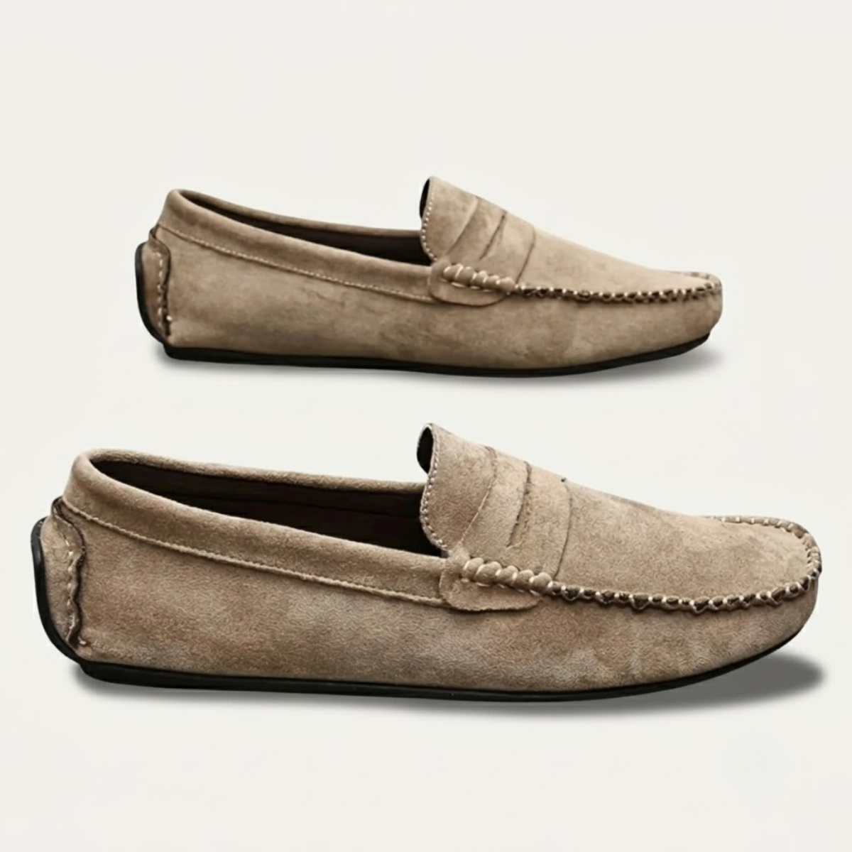 Khaki suede moccasin loafers, slip-on with stitched moc seams and braided trim detail.