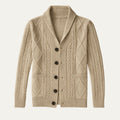 Men's beige cashmere cardigan with cable knit texture, button front, and patch pockets