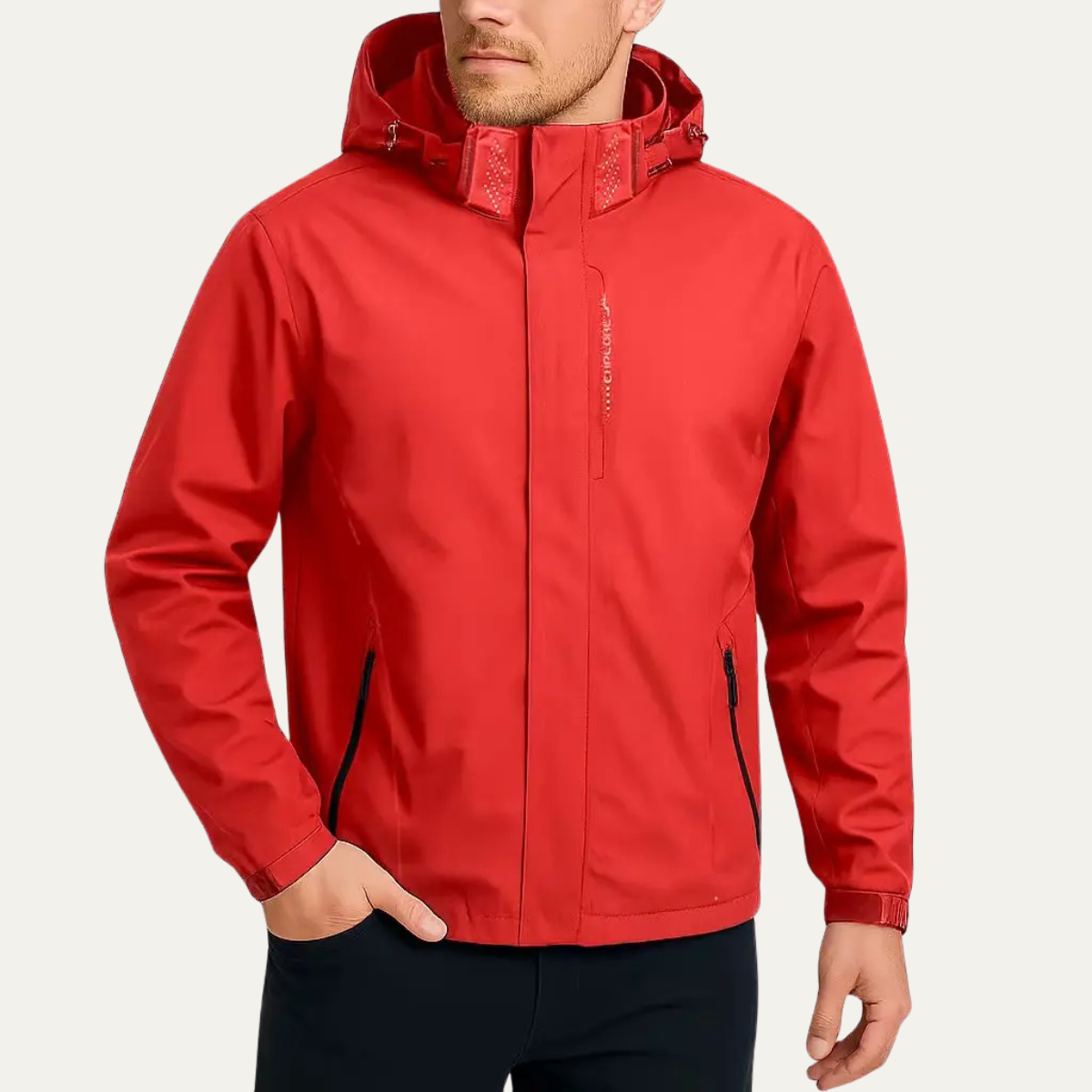 Red hooded waterproof rain jacket with full zipper and stand collar