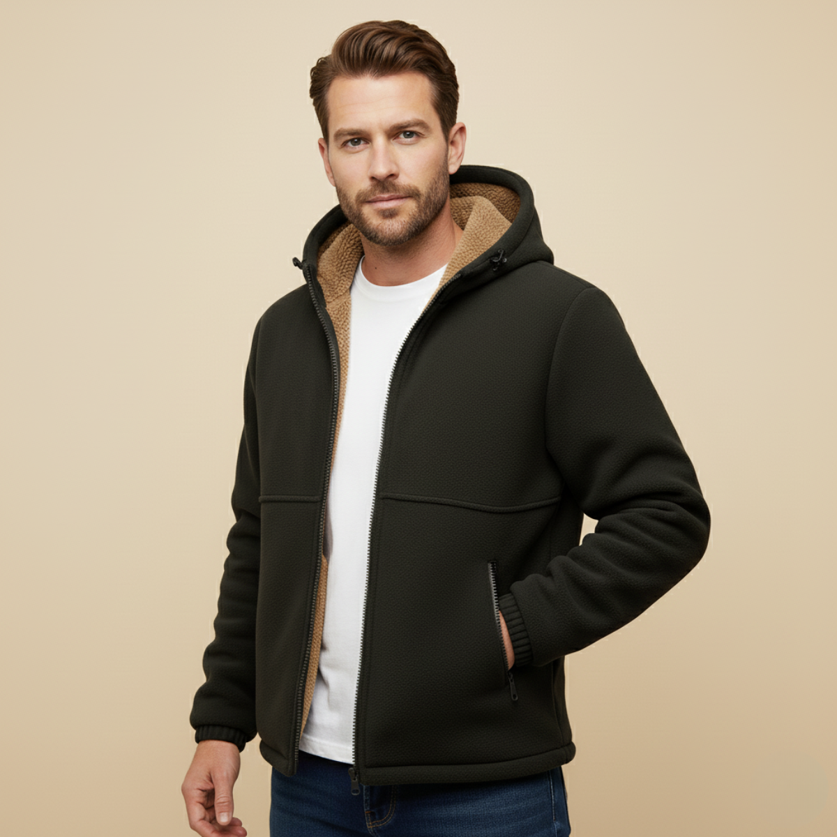 Men's fleece-lined hooded jacket, dark olive; model wearing, hood and zip chest panel