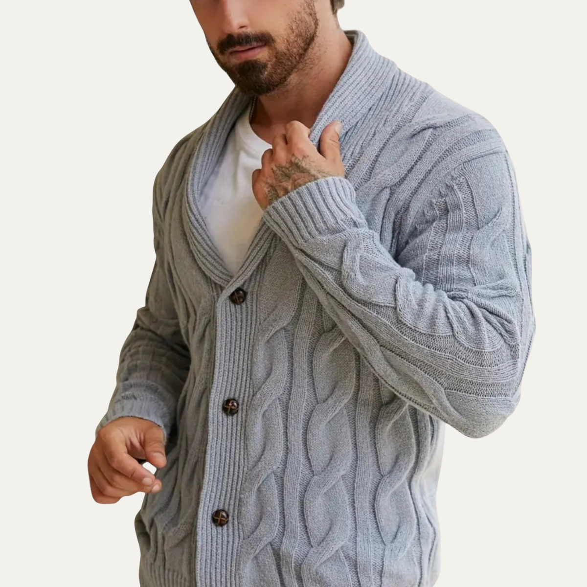 Men's light blue-gray cable knit cardigan, V-neck, button front, textured pattern.