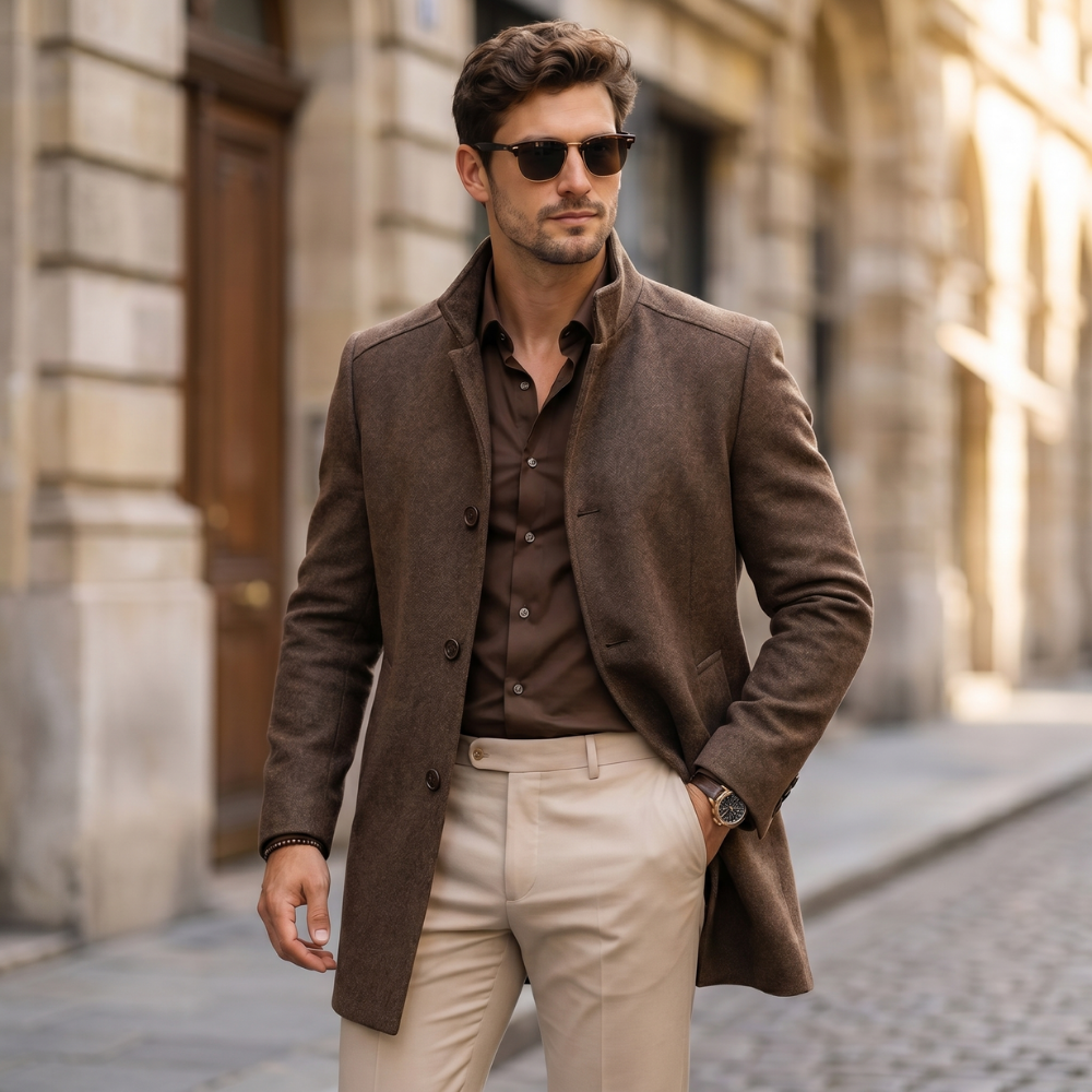 Brown wool overcoat with button front and flap pockets, worn look