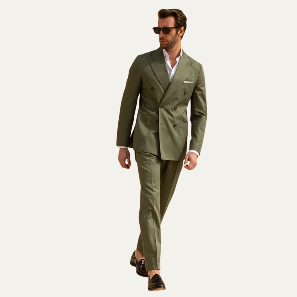 Men’s olive green slim fit suit with two-button blazer and straight slim trousers