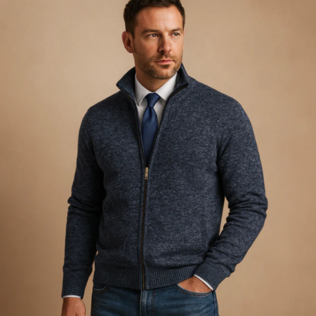 Navy blue men's knitted zip cardigan with stand collar and ribbed sleeve cuffs