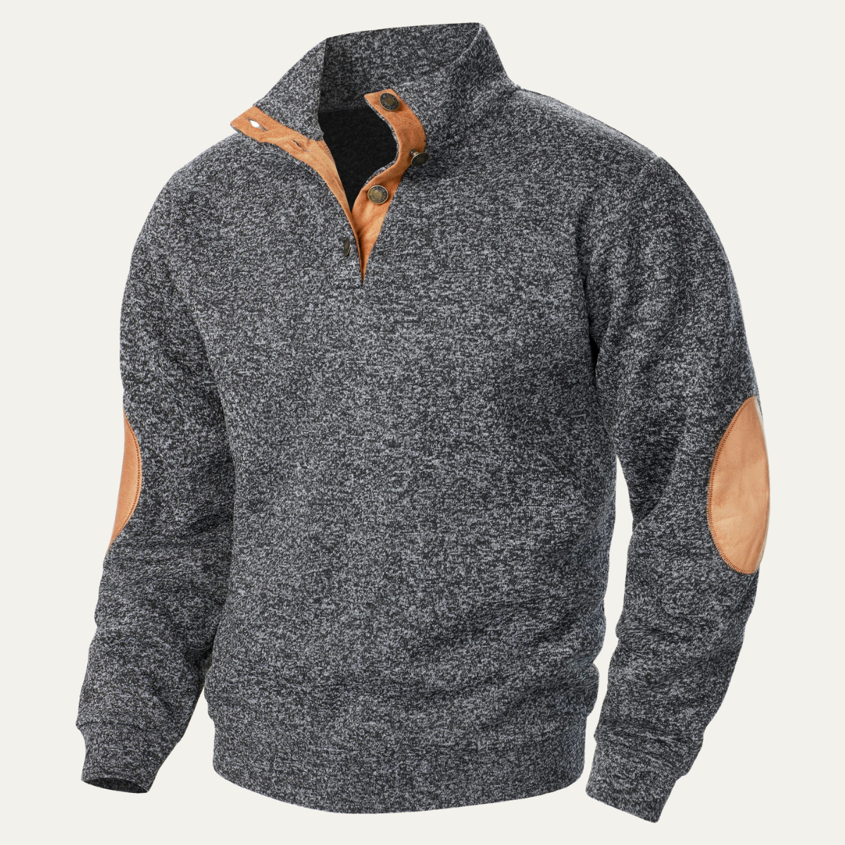 Men's heather gray fleece stand-collar sweater, rear view, with tan suede elbow patches