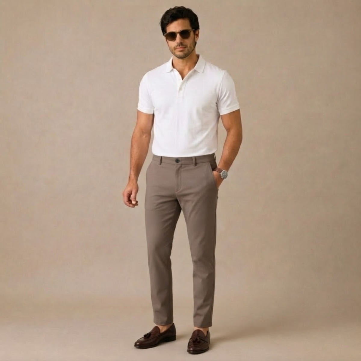 Men's slim-fit casual business dress pants, light gray with front button and belt loops