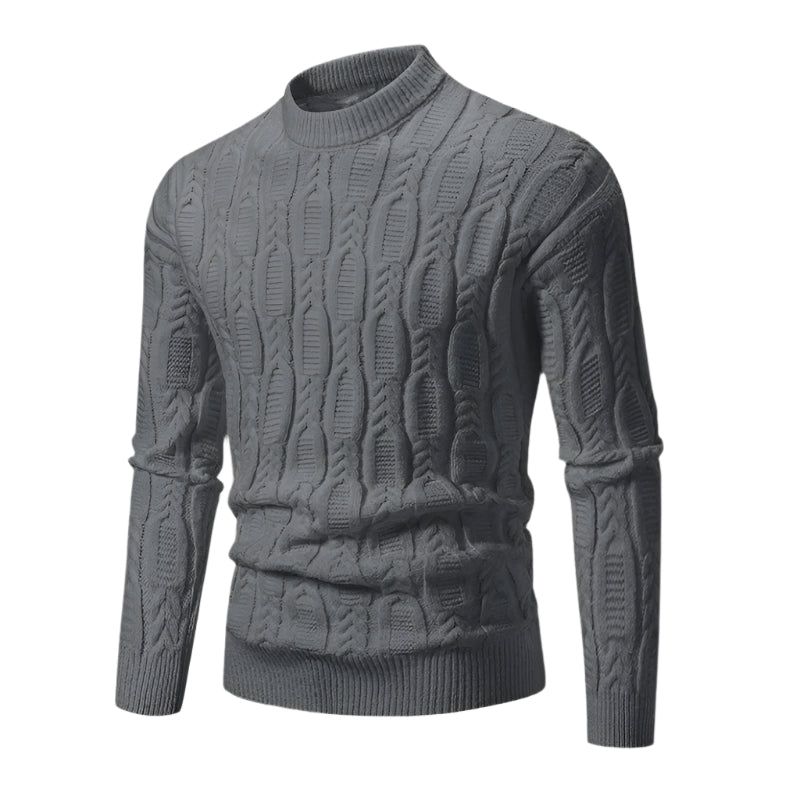 Men's premium cable knit sweater, gray, crew neck, long sleeves, ribbed cuffs and hem
