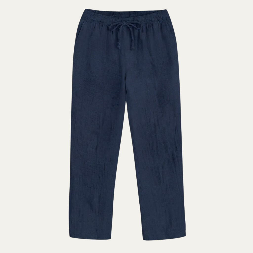 Men's navy linen pants with elastic drawstring waist and relaxed loose fit