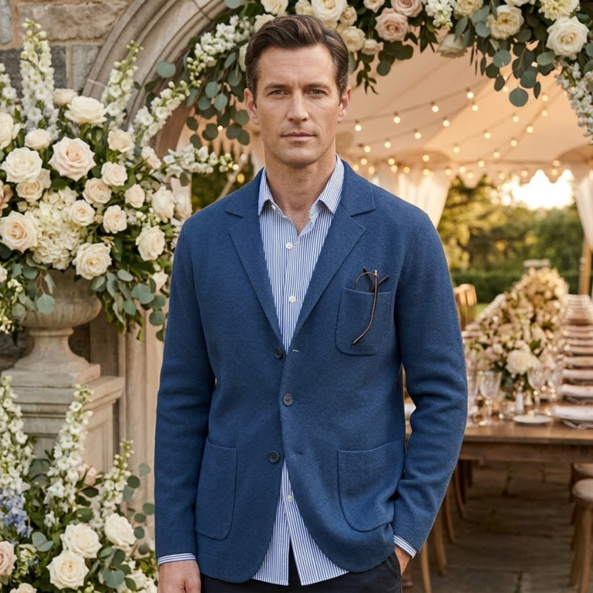 Navy-blue cotton summer blazer with notch lapels, two front pockets, and chest pocket; striped shirt