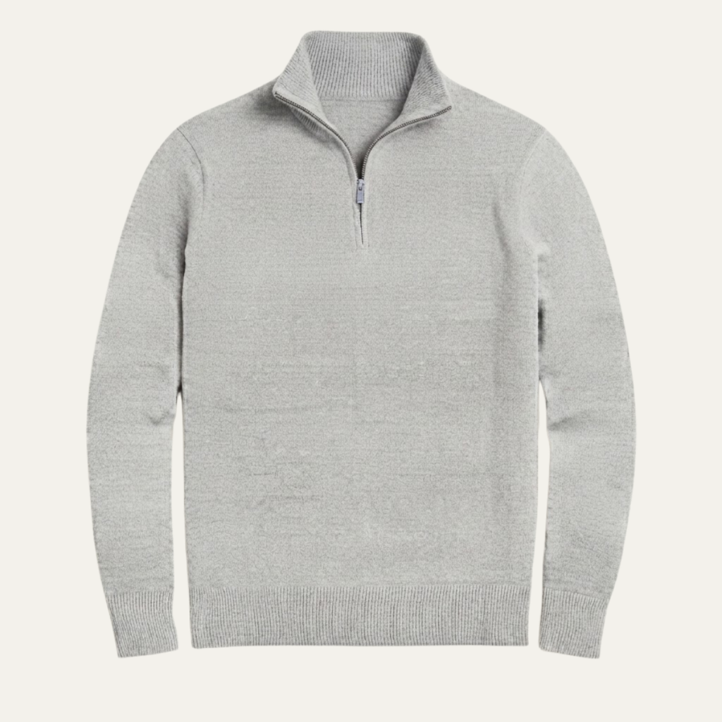 Men's light gray quarter-zip knit sweater with ribbed collar and cuffs