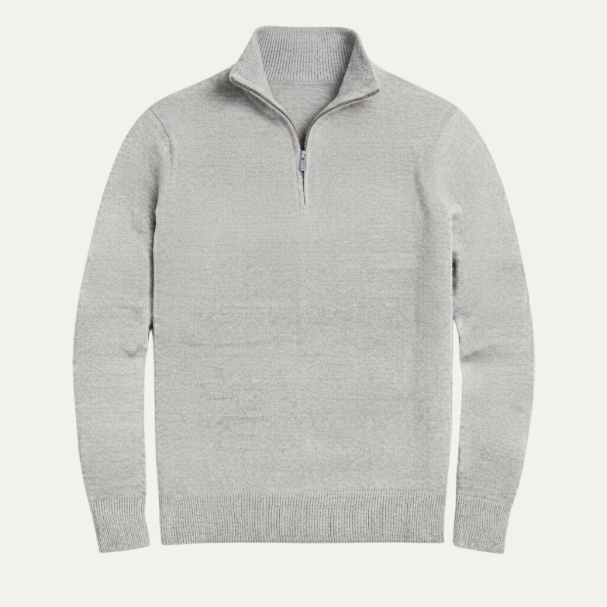 Men's light gray quarter-zip knit sweater with ribbed collar and cuffs