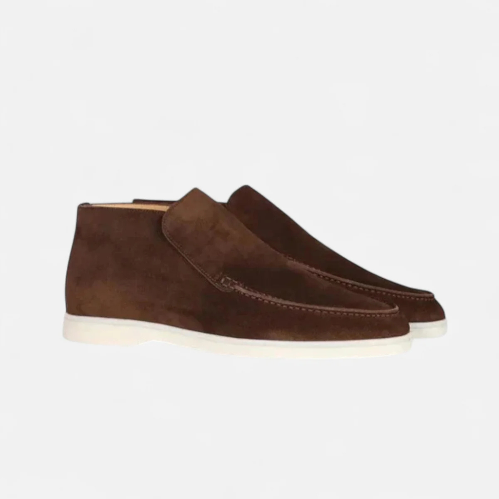Brown suede slip-on loafer pair, moc-stitched trim and white rubber sole