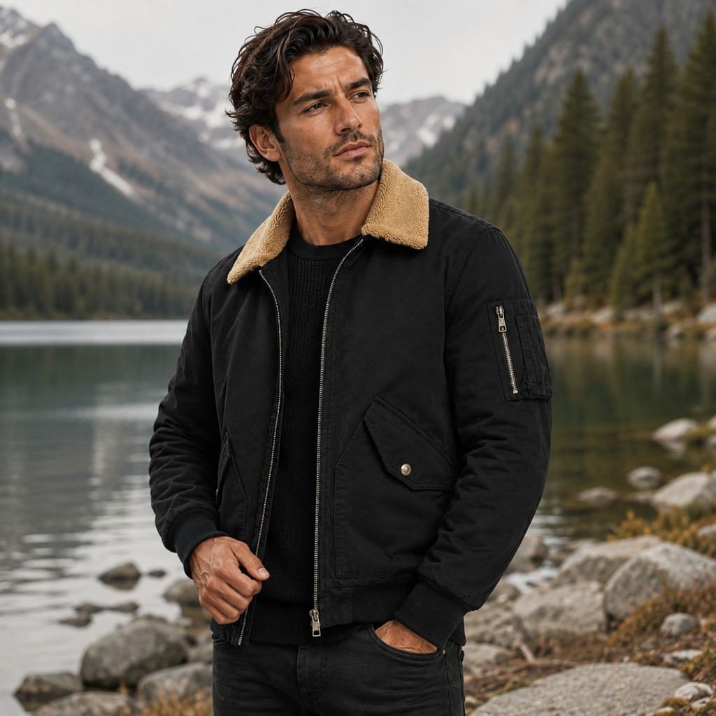 Men's black sherpa-lined bomber jacket with tan collar and chest snap pocket