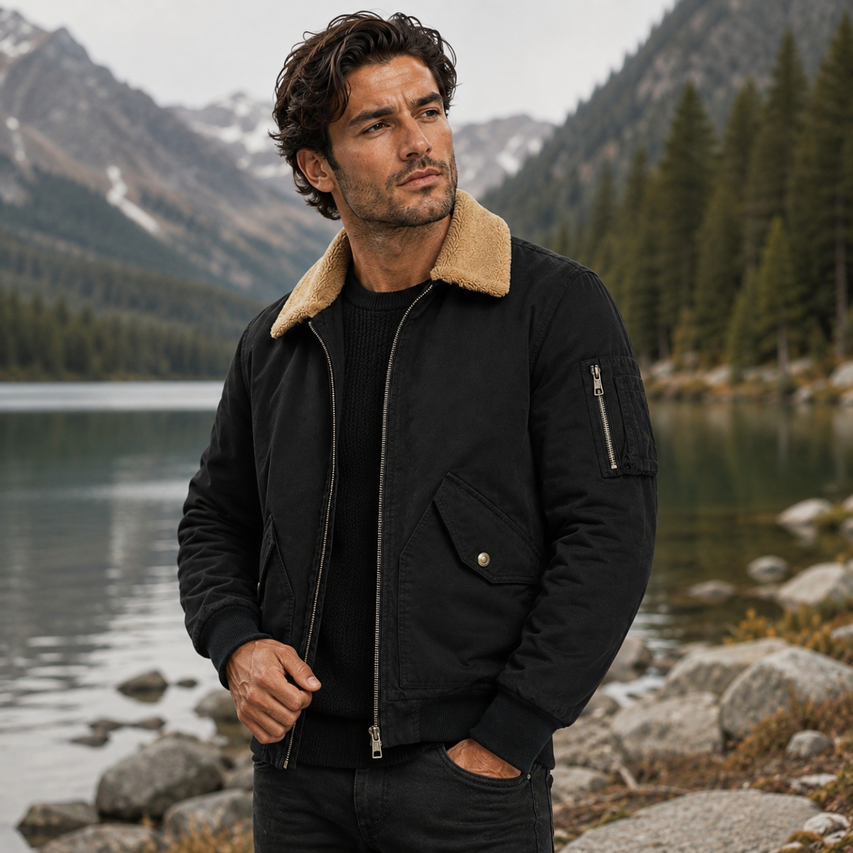 Men's black sherpa-lined bomber jacket with tan collar and chest snap pocket
